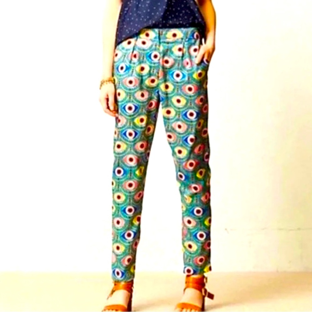 Mara Hoffman New Evil Eye Print Single Pleat Tapered Pants Size 6 NWOT